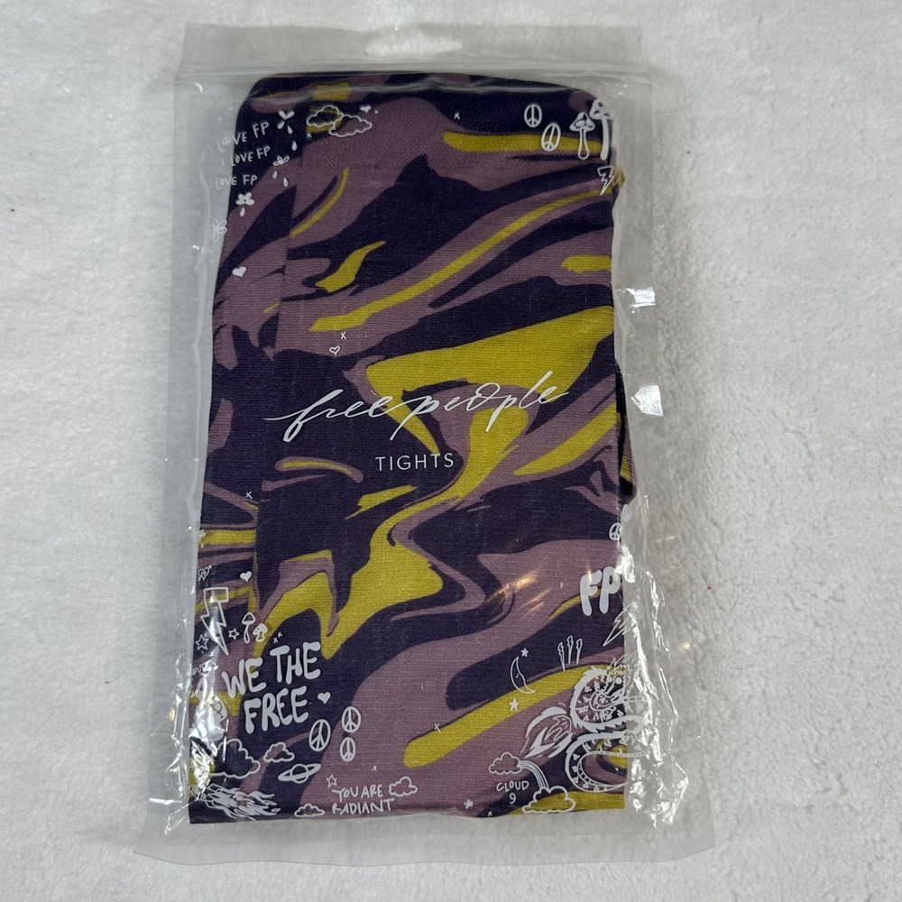 Free People Tights NWT Women OS Purple Yellow Marbled Swirl Print We The Free - Picture 2 of 5